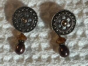 Estate Sterling Silver Button Gold Tone Disc Beaded Dangle Drop Earrings